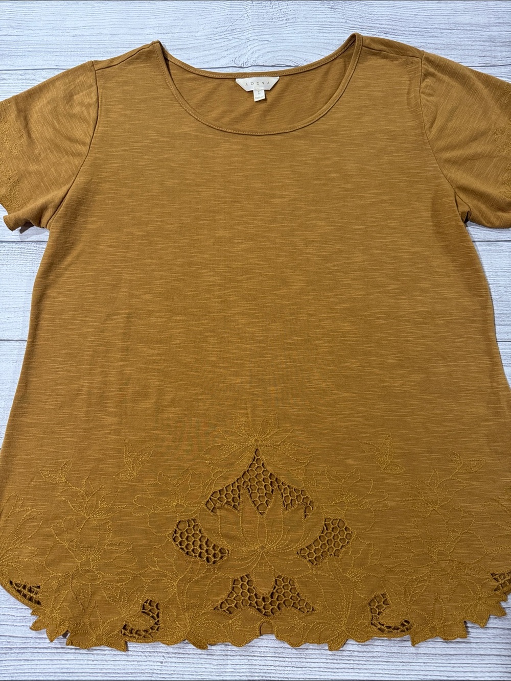 Adiva Women’s Mustard Short Sleeve Embroidered Laser Cut Detailed Tee